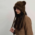 Cute brown plush winter hat with bear ears and fluffy texture for women and students - Emerald Glaze