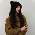 Chic black furry cat ear beanie with long tassels for winter warmth and style - Black