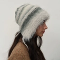Winter plush knit earflap hat with grey and white stripes for women's warmth - Grayish White
