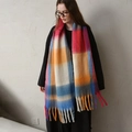 Chunky multicolored checkered scarf with long tassels made of thick faux cashmere - Blue & Red Plaid