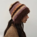 Striped knit hat with long faux fur trim in brown and lavender for winter warmth - Brown Purple