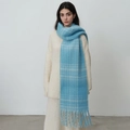 Classic blue plaid bouclé scarf with thick fringe tassels and winter style - Vintage Blue And White