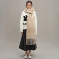 Classic beige plaid textured scarf with tassels paired with a soft knit cardigan - Khaki And Cream