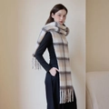 Plaid mohair cashmere-like scarf with fringe in beige and brown check pattern - Mixed Beige Plaid