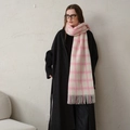 Pink and white checkered wool scarf with fringes paired with a long black wool coat - White Pink