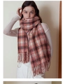 Macro detail of plaid scarf fabric featuring colorful dots and long tassel fringe - HJH1031 Double Color Dot Pink