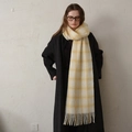 Soft checkered wool scarf in beige and yellow plaid with long fringes for winter - White Yellow