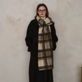 Classic plaid scarf in beige and brown wool blend with warm lamb-like finished edges - Green Coffee Beige