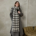Plaid wool scarf with tassels in black grey and white with minimalist grey coat - Black and White