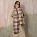 Plaid wool scarf in purple and brown check with overlock edges on beige dress - Purple Gold Rice