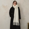Classic cream wool blend scarf with thick tassels and soft mohair texture for winter - White