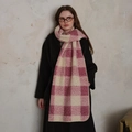 Pink and white checkered plaid scarf in plush faux shearling texture with hemmed edges - Pink & Beige