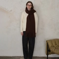 Classic dark brown wool blend scarf with fringe tassels shown on a model - Dark Brown