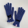 Guanti in maglia blu navy con fiocco, bottoni vintage e polsini con volant - Blu ciano