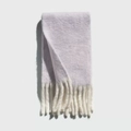 Soft purple wool blend scarf with elegant beige tassel fringe on a light grey background - Pale Frost Purple