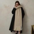 Oatmeal beige wool blend thick scarf with fringe tassels worn over a long black coat - Tree Brown (Light Khaki)