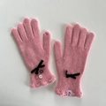 Pink wool blend knitted gloves with black bow and elegant buttons for winter women - Peach Blossom