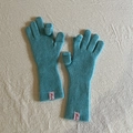 Lake blue wool knit gloves with pink Mula label and long ribbed cuffs in flat lay view - Lake Blue