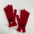 Eleganti guanti in maglia rossa da donna con fiocchi in velluto nero e bottoni vintage - Rosso