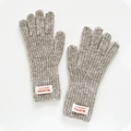 Light gray knitted five-finger winter gloves with warm ribbed texture and brand label - Light Beige