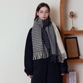 Classic houndstooth scarf with grey and beige patchwork patterns and long tassels - HJH1031 Patchwork Plaid Navy
