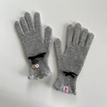 Elegant grey wool blend gloves with black velvet bows and decorative button details - Old Grey