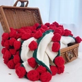 Handgebreide deken met 3D-rozen en groene rand in een vintage rieten koffer - Rode roos / 80cm