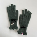 Elegant dark green wool blend knit gloves for women featuring black velvet bows - Emerald Glaze