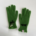 Elegant grass green wool blend knitted gloves with decorative black bows and buttons - Teal Green
