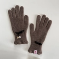 Brown wool knit gloves with black velvet bows and decorative buttons for women - Red Copper