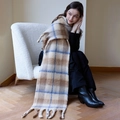 Dicker Schal in Beige und Kaffee mit Karomuster und Fransen, Winter-Kaschmir-Gefühl - Beige Braun Blau Karo