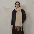 Beige wool knit fringed scarf with textured boucle finish for winter warmth and style - Off White