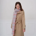 Thick checkered scarf in grey and coral pink with fringe detail on a female model - Grey Pink Plaid