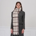 Thick warm plaid scarf in cream and brown wool blend paired with a tweed set - White & Black Plaid