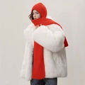 Vibrant red knit beanie and ribbed scarf set paired with a white faux fur coat - Orange Red
