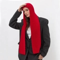 Winter red knitted hooded scarf balaclava for women and men in stylish chunky knit design - Red