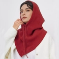 Solid red knitted drawstring balaclava hat and scarf hood for winter warmth - Red