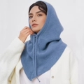 Chic foggy blue knitted balaclava hoodie scarf with drawstring for winter warmth - Fog Blue
