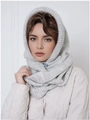 Winter light grey knitted hooded scarf with blue gem button for warm stylish outdoor wear - Light Gray