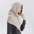 Minimalist knit balaclava hood in oatmeal beige with thick vertical ribbed texture - Beige Grey