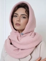 Knitted pink balaclava hood with ribbed texture and a blue crystal button detail - Light Pink