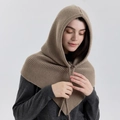 Knitted khaki balaclava hood with drawstring and ribbed texture for winter warmth - Khaki