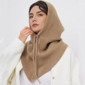 Minimalist khaki knitted hooded scarf with drawstring for autumn and winter warmth - Light Camel
