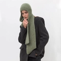 Sage green knitted balaclava hood scarf paired with a grey tweed jacket for winter warmth - Matcha Green
