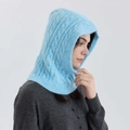 Light blue wool blend cable knit balaclava hat with ribbed edge for winter warmth - Sky Blue