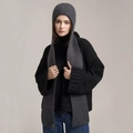 Dark grey knitted hooded scarf balaclava with ribbed texture and warm winter design - Dark Gray