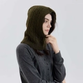 Dark green wool blend cable knit balaclava hat with warm neck cover for winter - Olive Green