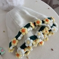 Handmade cream knit hat with crochet flowers, green band and white fluffy pompom - Yellow and White Flowers