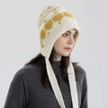Knitted hexagonal snowflake ear protection hat in cream white with yellow pattern - Misty Rain Yellow