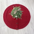 Red knit Christmas tree skirt featuring rustic cable patterns and dark wood buttons - Red Ruffled Button Style